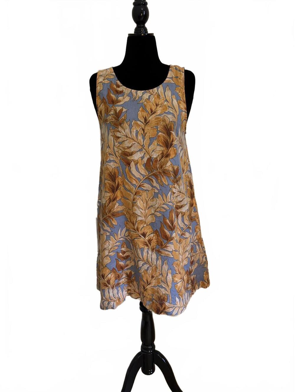 Tahari - Linen Sleeveless A-Line Dress with Leaf Print Pattern Large